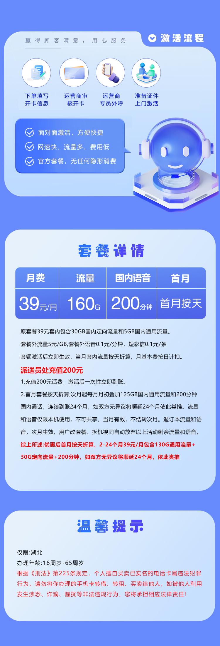 湖北电信专属卡【39元160G+200分钟】详情图