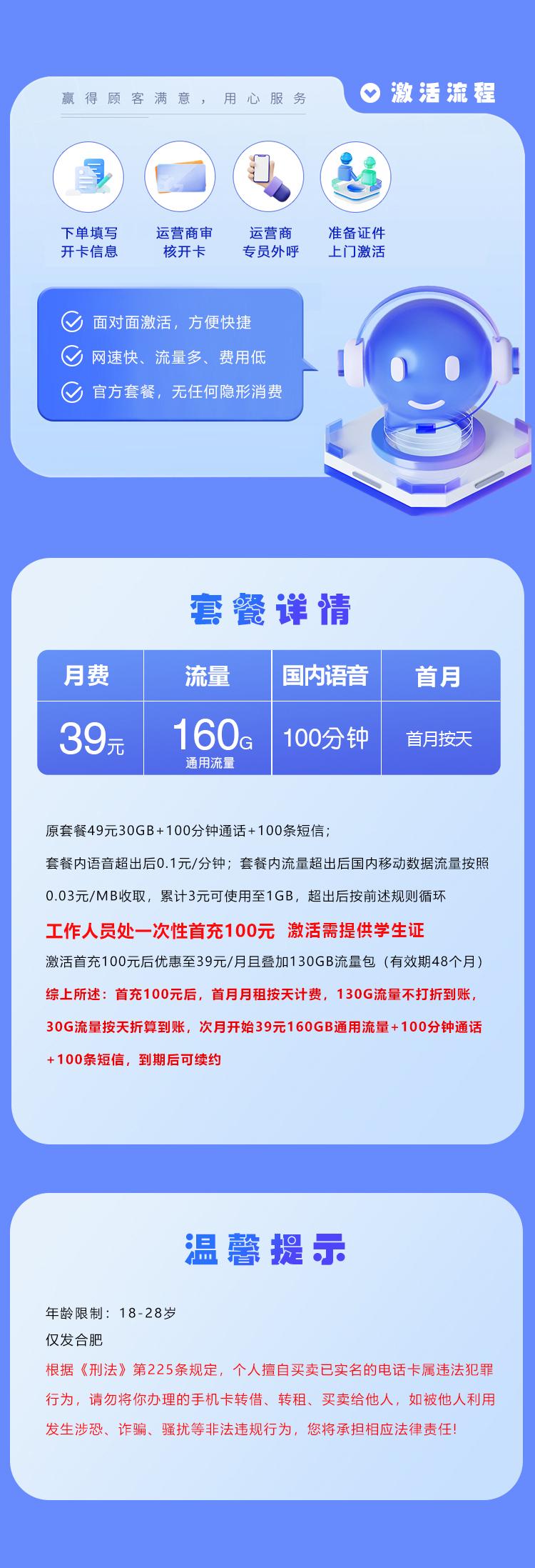 移动飞久卡【39元160G+100分钟】仅发合肥详情图