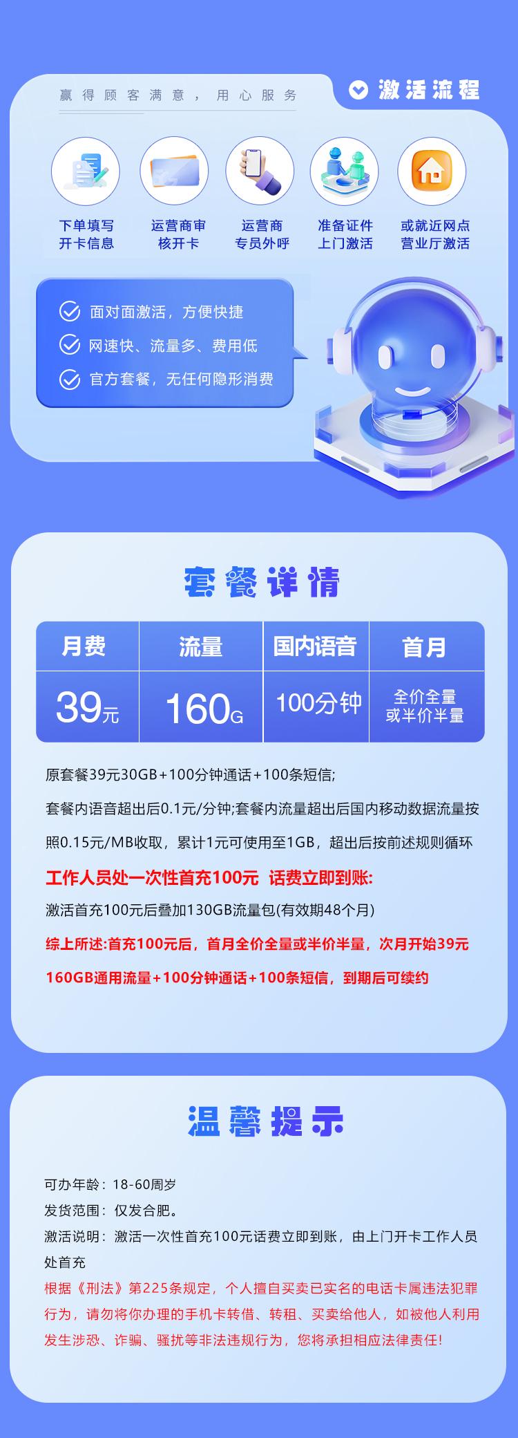 合肥专属卡【39元160G+100分钟】详情图